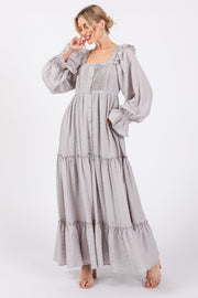 Grey Button Pleated Front Square Neck Ruffle Tiered Maxi Dress