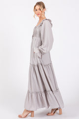 Grey Button Pleated Front Square Neck Ruffle Tiered Maxi Dress