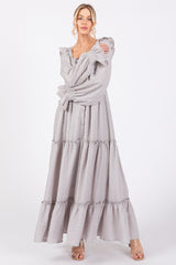 Grey Button Pleated Front Square Neck Ruffle Tiered Maxi Dress