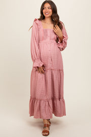 Mauve Button Pleated Front Square Neck Ruffle Tiered Maternity Maxi Dress