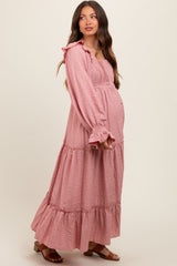 Mauve Button Pleated Front Square Neck Ruffle Tiered Maternity Maxi Dress