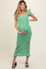 Green Floral Smocked Flutter Cup Sleeve Maternity Dress