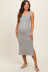 Black Striped Side Slit Maternity Midi Dress