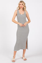 Black Striped Side Slit Midi Dress