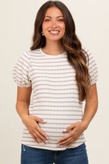 Grey Striped Textured Puff Sleeve Maternity Top