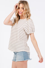 Grey Striped Textured Puff Sleeve Top