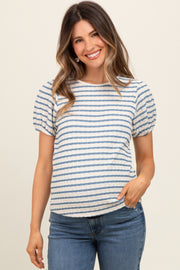 Light Blue Striped Textured Puff Sleeve Maternity Top