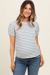 Light Blue Striped Textured Puff Sleeve Maternity Top