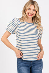 Light Blue Striped Textured Puff Sleeve Maternity Top