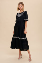 Black Embroidered V-Back Ruffle Maternity Midi Dress