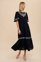 Black Embroidered V-Back Ruffle Midi Dress