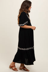 Black Embroidered V-Back Ruffle Maternity Midi Dress