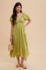 Light Olive Deep V-Neck Puff Short Sleeve Asymmetrical Hem Midi Dress