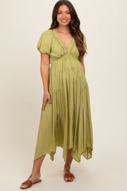 Light Olive Deep V-Neck Puff Short Sleeve Asymmetrical Hem Maternity Midi Dress