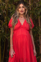 Red Deep V-Neck Puff Short Sleeve Asymmetrical Hem Maternity Midi Dress