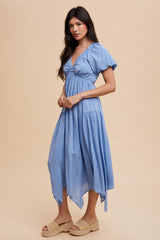 Blue Deep V-Neck Puff Short Sleeve Asymmetrical Hem Midi Dress