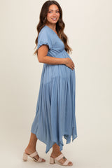 Blue Deep V-Neck Puff Short Sleeve Asymmetrical Hem Maternity Midi Dress