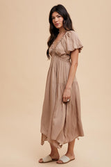 Taupe Deep V-Neck Puff Short Sleeve Asymmetrical Hem Midi Dress