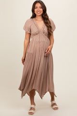 Taupe Deep V-Neck Puff Short Sleeve Asymmetrical Hem Maternity Midi Dress