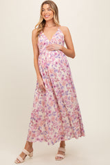 Pink Floral Mesh Sleeveless Maternity Maxi Dress