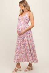 Pink Floral Mesh Sleeveless Maternity Maxi Dress