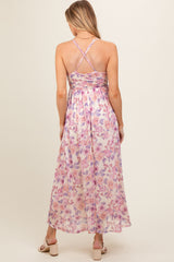 Pink Floral Mesh Sleeveless Maternity Maxi Dress