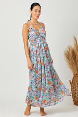 Light Blue Floral Mesh Sleeveless Maternity Maxi Dress