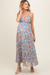 Light Blue Floral Mesh Sleeveless Maternity Maxi Dress