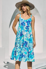 Blue Floral Button Front Sweetheart Neck Maternity Midi Dress