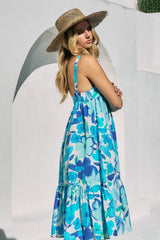 Blue Floral Button Front Sweetheart Neck Midi Dress