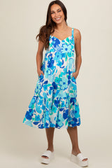 Blue Floral Button Front Sweetheart Neck Maternity Midi Dress