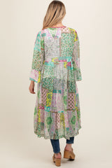 Green Floral Paisley Metallic Striped Tie Front Maternity Cover Up