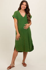 Green Waffle Knit Short Sleeve Maternity Dress