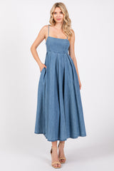 Blue Back Tie Straight Neck Maternity Midi Maternity Dress