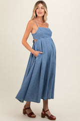 Blue Back Tie Straight Neck Maternity Midi Maternity Dress