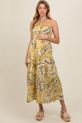 Light Yellow Tropical Halter Maternity Maxi Dress