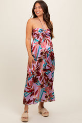 Lavender Floral Satin Halter Maternity Midi Dress