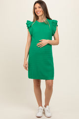 Green Knit Ruffle Sleeve Maternity Sweater Dress