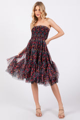 Black Floral Sleeveless Smocked Ruffle Hem Dress