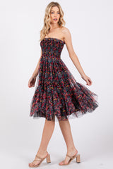 Black Floral Sleeveless Smocked Ruffle Hem Dress