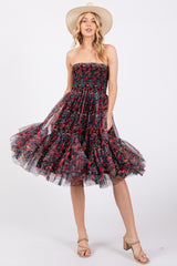 Black Floral Sleeveless Smocked Ruffle Hem Dress