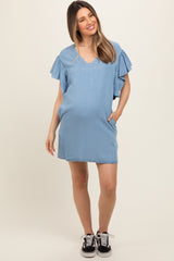 Blue Ruffle Sleeve Maternity Mini Dress