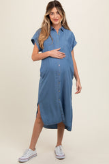 Blue Chambray Button Down Maternity Midi Dress