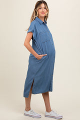 Blue Chambray Button Down Maternity Midi Dress