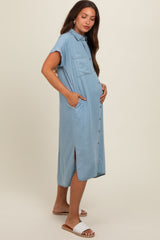 Light Blue Chambray Button Down Maternity Midi Dress