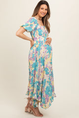 Teal Floral Puff Sleeve Handkerchief Hem Maternity Maxi Dress