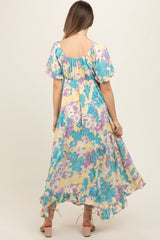 Teal Floral Puff Sleeve Handkerchief Hem Maternity Maxi Dress