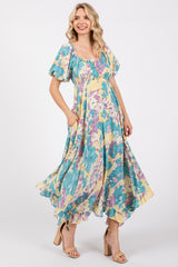 Teal Floral Puff Sleeve Handkerchief Hem Maternity Maxi Dress