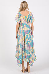 Teal Floral Puff Sleeve Handkerchief Hem Maxi Dress