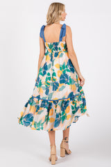 Blue Floral Shoulder Strap Midi Dress